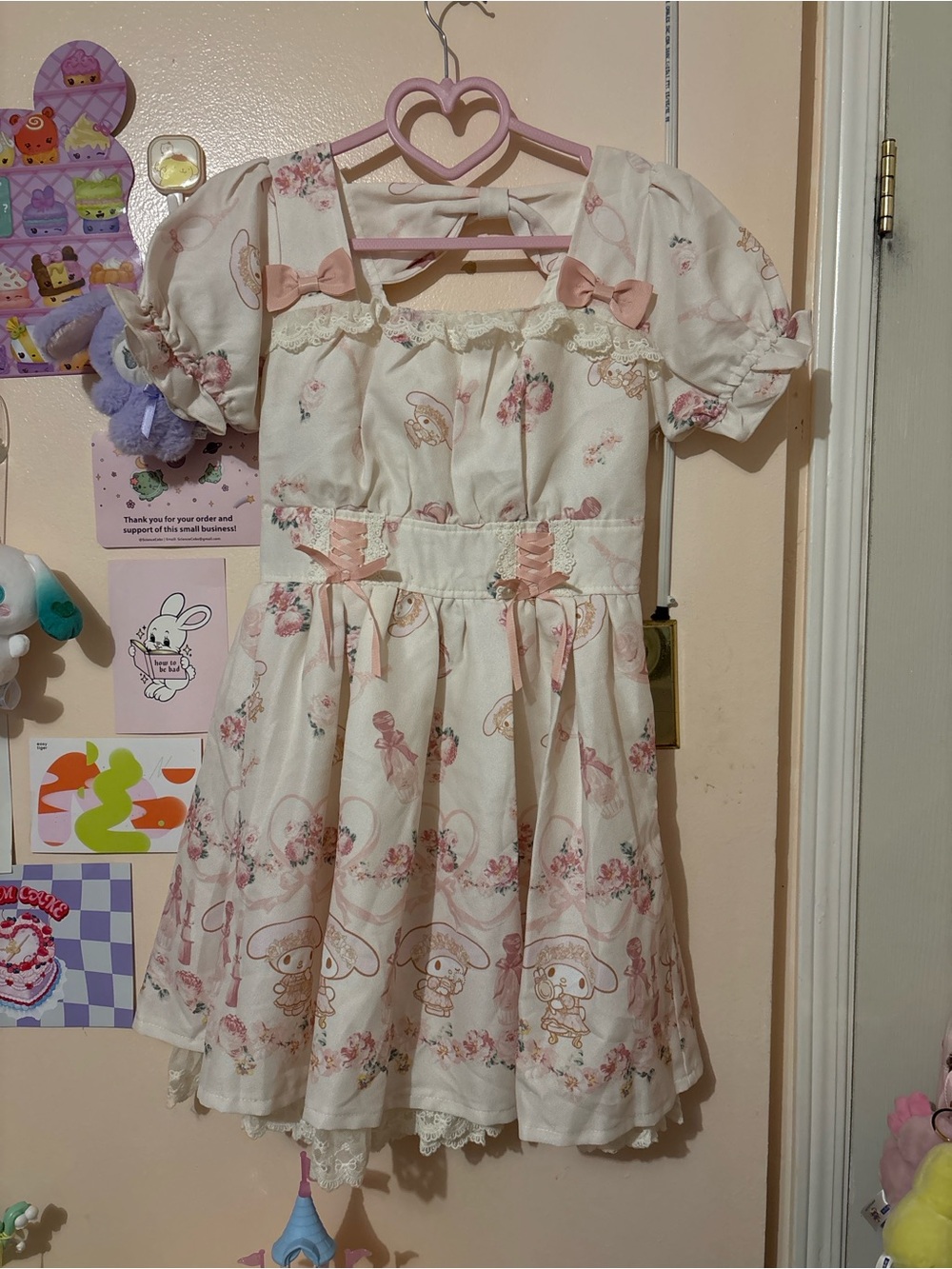 LIZ LISA lizmelo Cream and Pink Floral Puff-Sleeve Dress with Bows